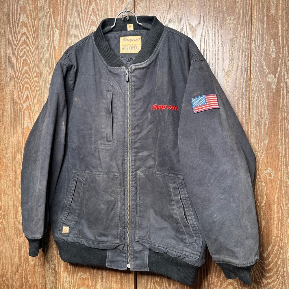 Snap-on Workwear 2X Black Canvas Quilted Bomber Jacket USA Flag Patch Distressed - Picture 3 of 12
